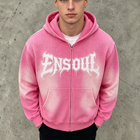ODM Sweat à capuche zippé gaufré, délavé effet dégradé, imprimé lettres gothiques craquelées vintage sur le devant, coupe oversize streetwear, modèle court