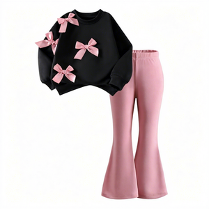 Completo Autunnale per Bambini Stile Europeo: <span class=keywords><strong>Felpa</strong></span> a Maniche Lunghe con Fiocco + Pantaloni a Zampa Tinta Unita, Set Due Pezzi per Bambina 6 Anni - Product Image 3