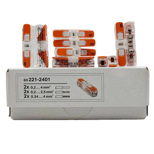 Conector <span class=keywords><strong>de</strong></span> empalme en línea 221-2401 con palancas, nuevo, original alemán, <span class=keywords><strong>de</strong></span> 2 conductores, cubierta blanca transparente 221 2401 - Product Image 1