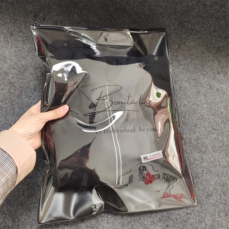 Sacos de embalagem personalizados com seu logotipo, sacola de zíper preta de pvc para vestuário, saco de plástico com capuz