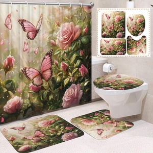 Set <span class=keywords><strong>Tenda</strong></span> Doccia 3D con <span class=keywords><strong>Farfalle</strong></span> e Rose, 4 Pezzi, in Tessuto Poliestere Impermeabile, Decorazione Bagno con Tappetini Antiscivolo e Copriwater - Product Image 2