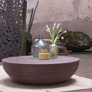 Minimalist Large Round Black Brown Solid Wood <strong>Teak</strong> Travertine Coffee <strong>Table</strong> for Hotel Lobby Lodge Contemporary - Product Image 1