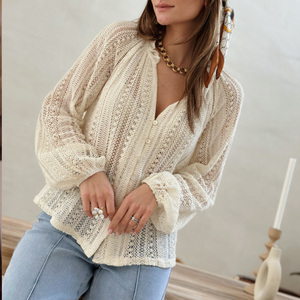 Blusas <span class=keywords><strong>Elegantes</strong></span> <span class=keywords><strong>de</strong></span> <span class=keywords><strong>Encaje</strong></span> con Botones y Manga Larga con Cuello en V para Mujer, Ropa <span class=keywords><strong>de</strong></span> Moda Otoñal - Product Image 4