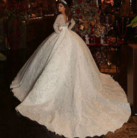 Nouvelle Robe de Mariée de Luxe Printemps-Automne pour Femme, Manches Longues, Col en V, Dentelle, Appliques Florales, Traîne Balai/Brosse