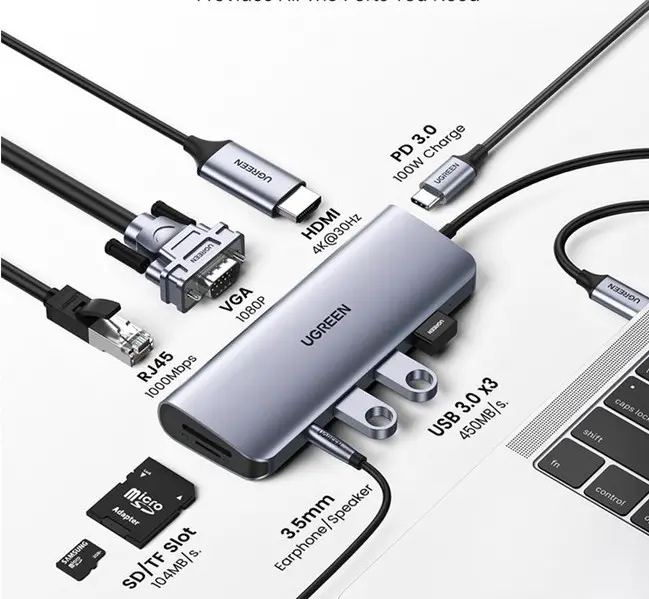 Ugreen Usb C Hub10-in-1 USB-C Docking Station 4K Hdm I Vga Dual Monitor 1Gbps Ethernet 100W Pd 3 Usb 3.0 Poorten 3.5Mm Audio Jack