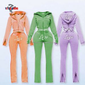 Pantaloni della tuta di alta qualità e Top corto con Zip felpa con cappuccio da <span class=keywords><strong>donna</strong></span> abiti firmati personalizzati due pezzi tute con cerniera - Product Image 2