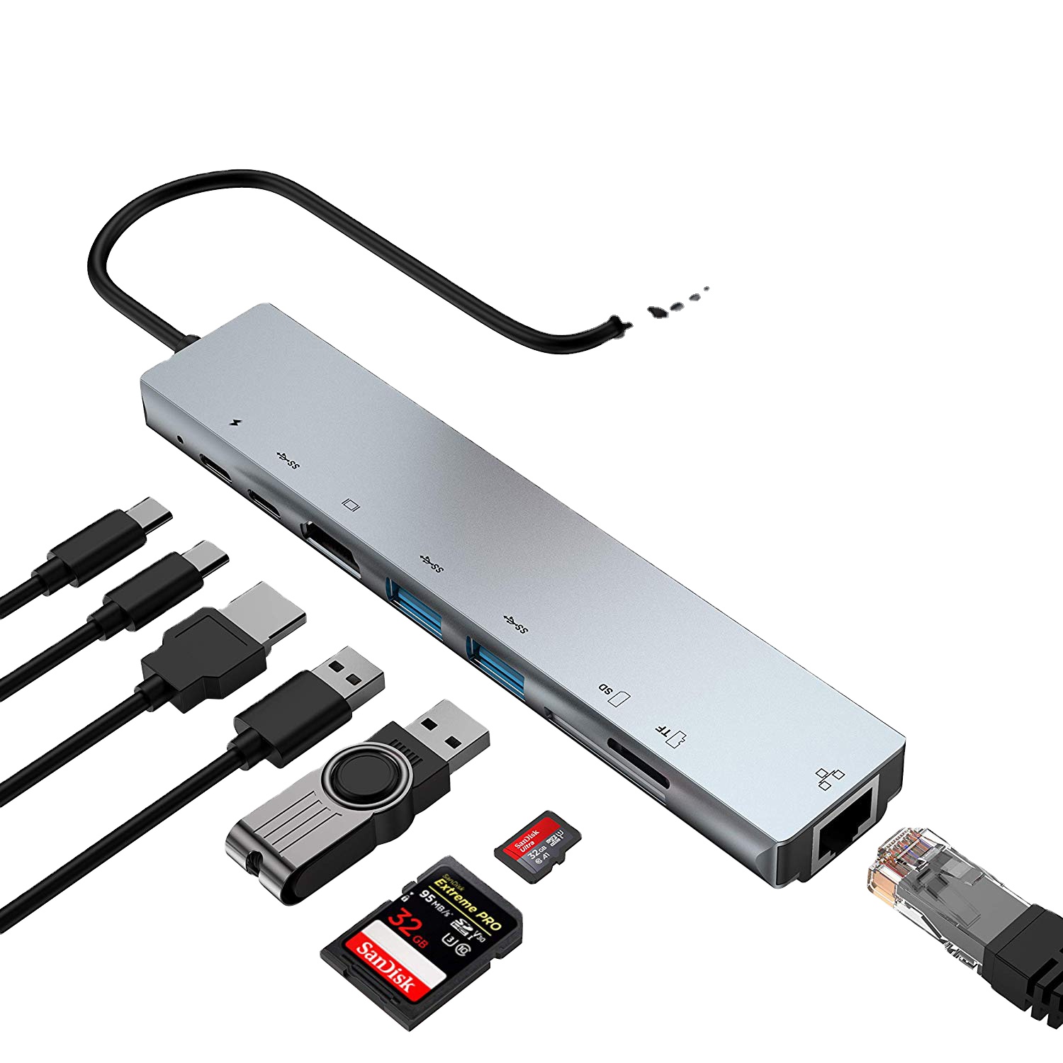 도매 7 8 in 1 Type-C 허브 멀티 포트 도크 스테이션 4K USB3.0 RJ45 SDTF USB-C PD 충전 어댑터 8 포트 USB C 허브