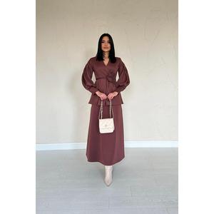 Elegante Conjunto de Traje Marrón para Mujer, Vestido Largo de Gasa con Mangas Largas, 100% Poliéster, Ropa Formal - Product Image 5
