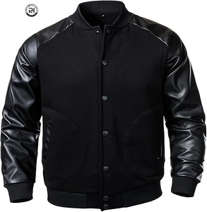 Veste universitaire décontractée pour homme en coton 100% de qualité supérieure, sur mesure, avec col montant et manches en simili cuir teint - Product Image 2