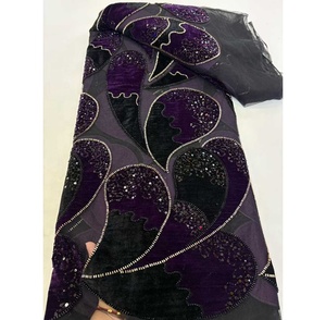 Nueva tela de encaje de <span class=keywords><strong>terciopelo</strong></span> bordado al por mayor de alta calidad con tela de tul de lentejuelas 5 yardas para vestidos de mujer nigerianos - Product Image 3