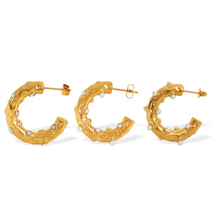 C-Shaped Hoop Earrings 18K Gold Plated <b>Titanium</b> Steel With Pearls And Diamonds Women's Everyday Wear - Product Image 5