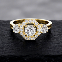 Bague de fiançailles en or pur 100% avec halo de 3 pierres en diamant de culture hexagonal, KRUP JEWELS, design tendance