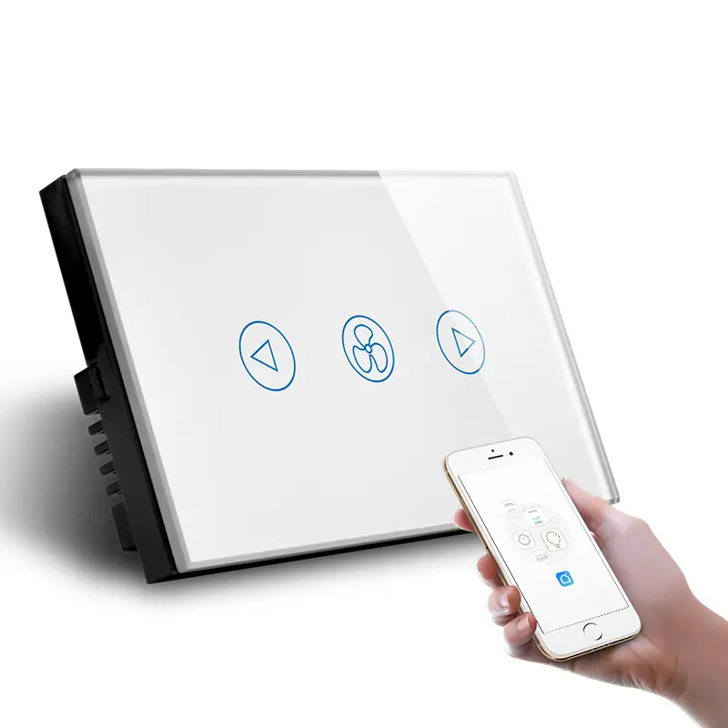 Glass Cover Wall Switch US Type Glass Touch Crystal Panel Touch Fan Speed Switch, Waterproof with Blue LED Backlight