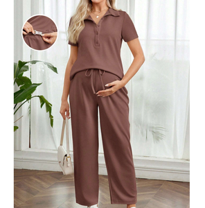 Ensemble de vêtements de grossesse décontractés pour femmes, col polo, boutons sur le devant, taille ajustable, coupe ample, vêtements de détente - Product Image 1