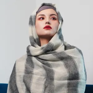 批发民族厚条纹羊绒针织围巾羊毛头巾帕什米娜头巾克什米尔穆斯林妇女冬季披肩