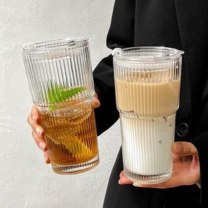 Elegant Striped Glass <b>Tumbler</b> With Lid And <b>Straw</b> Large Capacity For Cold Drinks Coffee Juice Water Party Use - Product Image 3