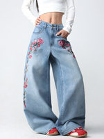 Jeans personnalisés pour femmes, style Y2K rétro, décontractés, amples, de haute qualité, avec broderies florales et plusieurs poches