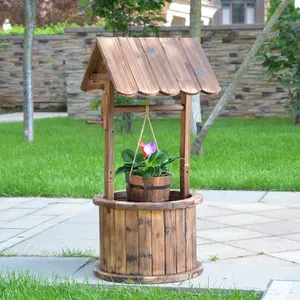 Rustic Burnt Brown Wooden Wishing Well Planters for Garden, Balcony, Patio Decor