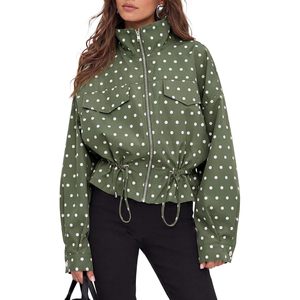 Veste zippée personnalisée pour femme à pois, manches longues, coupe courte, col montant, style décontracté, tendance automne, coupe oversize - Product Image 1