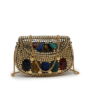 Gold Beaded Rhinestone Bohemian Half Moon <b>Large</b> Capacity <b>Clutch</b> <b>Bag</b> Women Elegant Flap Evening Handbag with Chain Strap - Product Image 1