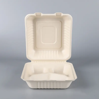 Boîte à lunch carrée jetable biodégradable 9*9, barquette à emporter à 3 compartiments, 1200 ml, conteneur alimentaire en bagasse de canne à sucre