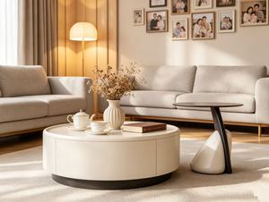 Modern <b>Round</b> Coffee <b>Table</b> With Storage <b>White</b> Resin Top Metal Frame Living Room Furniture Minimalist Design - Product Image 1