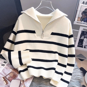 Automne et hiver épaissi vêtements intérieurs nouvelle fermeture éclair rayé bas petit haut tricoté à manches longues pull pull pour les femmes - Product Image 2