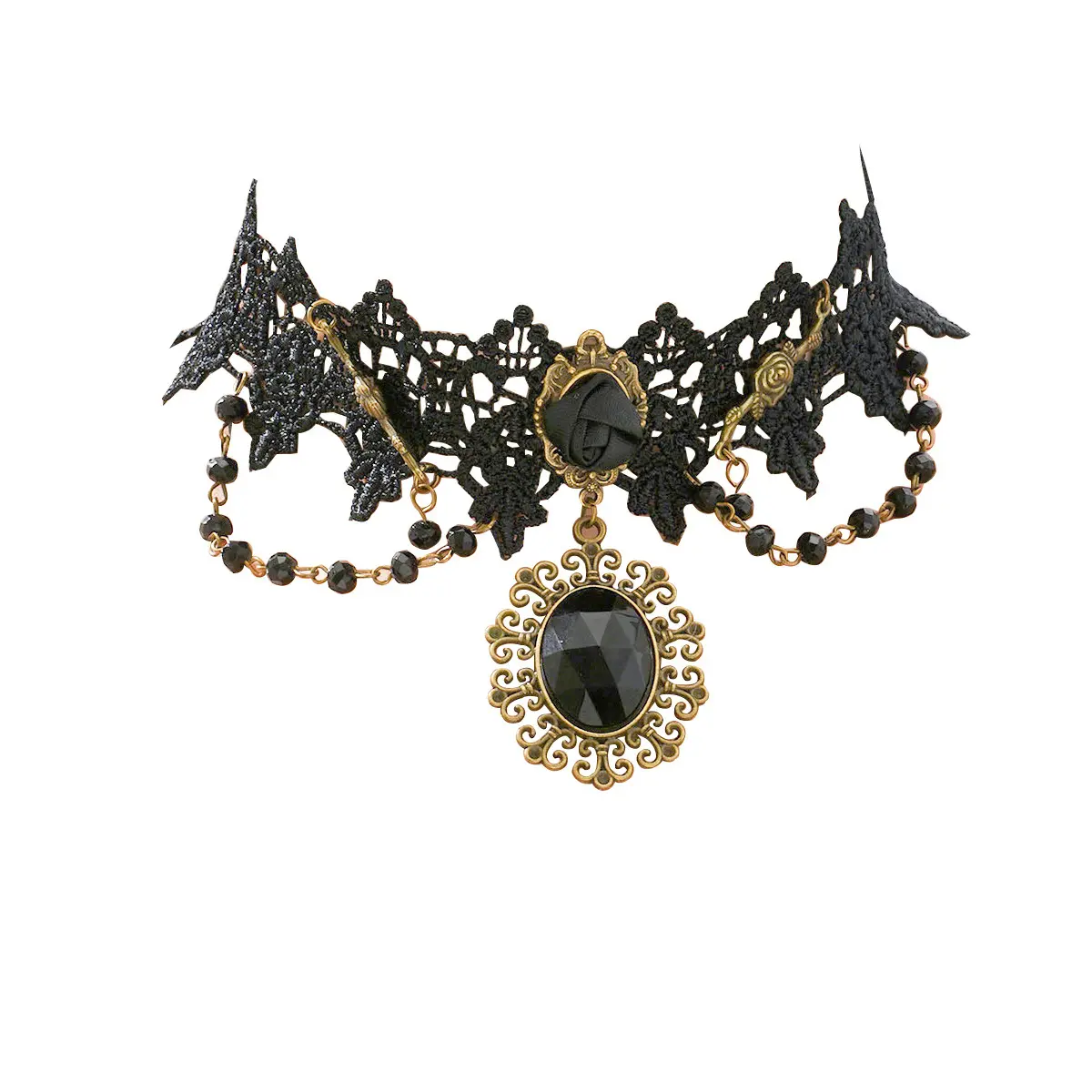 Kalung renda liontin kristal mode baru kalung pendek hitam klasik wanita kalung manik-manik Gotik perhiasan pesta Cosplay