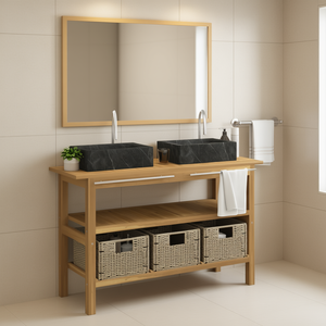 Meuble de salle de bain en teck avec vasques en marbre noir, 60 pouces, style rustique, sur pieds - Product Image 2