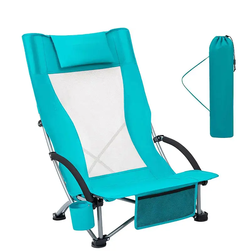 High Sling Beach Chairs Klappbare Mesh-Rückenlehne Niedriger Sitz für Erwachsene mit Kopfstützen becher halter Trage tasche Armlehne