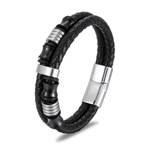 Foreign Trade Men's Double-layer Cowhide String Titanium Steel <b>Bracelet</b> Woven Handmade Multi-layer <b>Leather</b> <b>Bracelet</b> - Product Image 2