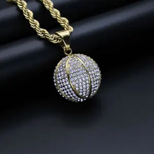 MECYLIFE Solid 3D Basketball Pendant Necklace Luxury Rich Diamond Jewelry Gold Plated Stainless Steel Zircon Sports Jewelry