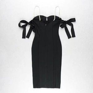 C2129 Abito da Sera da <span class=keywords><strong>Donna</strong></span> da Festa Elegante Bianco Semplice e Sexy <span class=keywords><strong>Midi</strong></span> Aderente con Spalline di Perle e Scollo a V - Product Image 4