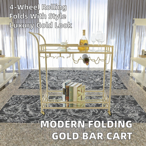 Carrito de Bar Moderno Plegable con Ruedas Doradas de Hierro, Carrito de Bebidas para Hotel con 4 Ruedas - Mueble Comercial Móvil de Lujo - Product Image 2