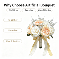 Bouquet de mariée léger et frais avec ruban en dentelle, roses artificielles, fleurs artificielles pour la décoration de la robe de mariée, les photos de mariage