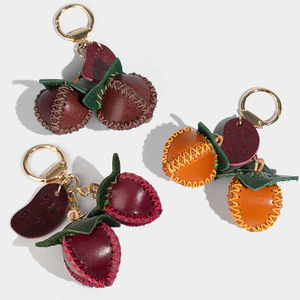 Good Things Come in Pairs Persimmon <b>Leather</b> <b>Keychain</b> Hand-stitched Genuine Top Layer Cowhide Bag Charm Car Hanging Ornament - Product Image 2