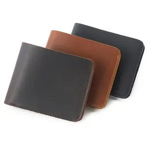 Özel Logo Vintage tasarım sığır derisi deri erkek cüzdanları ince prim kart tutucu hakiki deri cüzdan