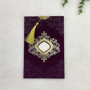 Hot selling factory design luxury gold stamping velvet laser cut pocket wedding invitation card with tassel for wedding event