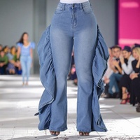 Jeans à boutons délavés d'été de haute qualité pantalon évasé à volants en cascade pour femme denim pour femme vente en gros