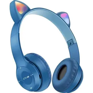 Earphone Gaming Headphone Game Stereo PC P47M Lampu LED Nirkabel Lucu Kucing Di Atas Telinga Headphone Bass Super