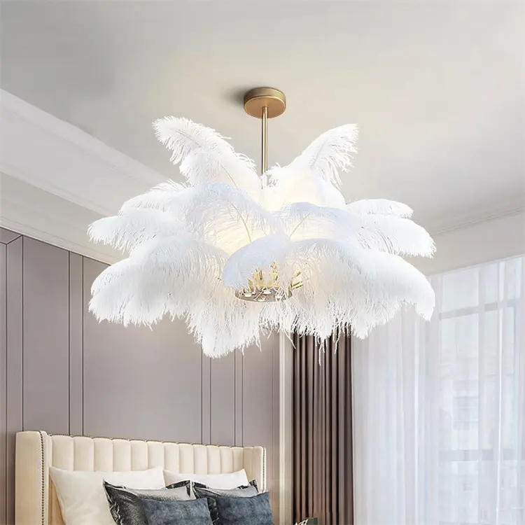 Luxe Ijzeren Hanglampen Bruiloft Slaapkamer Plafond Decoratieve Veren Kroonluchter Lamp