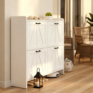 White Modern Fence Shoe Cabinet 4 Flip <b>Drawers</b> Space Saving Entryway Organizer for Living Room - Product Image 6