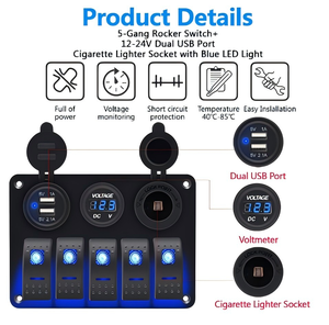 <span class=keywords><strong>5</strong></span> gang kết hợp kép USB ổ cắm không thấm nước 12/24V LED Rocker chuyển đổi bảng điều chỉnh với kỹ thuật số điện áp hiển thị ON-OFF bao gồm cầu chì - Product Image 4