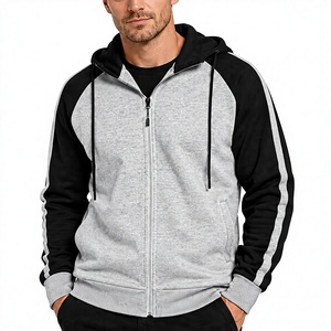 Servicio OEM, MOQ bajo, sudaderas con capucha para hombre, sudadera con capucha con cremallera, cordón ajustable, bloques de color, manga raglán, bolsillo canguro. - Product Image 2