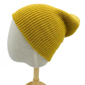 OEM Customized Yellow Slouth Striped Winter Knitted Hat Outdoor Sport Beanie With Woven Label