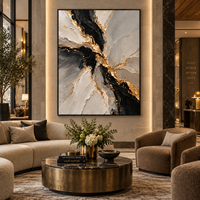 Peinture sur toile abstraite texturée veinée de marbre noir et or, décoration murale de luxe gris et blanc pour hôtel, appartement, réception