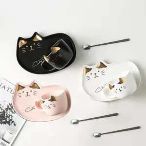 Dessert Plate Set tazas cat with Tray Set Porcelain Breakfast Set Coffee Mug with Cute Ceramic Cat Cup