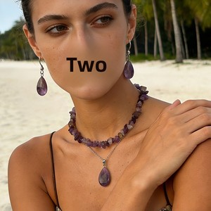 Juego de Joyería Bohemia al por Mayor, 4 Piezas, Collar y Aretes con Piedras Naturales en Forma de Gota de Agua, para Regalo de Fiesta - Product Image 3