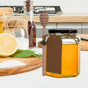 Vasetti di vetro trasparente esagonale 12 once 12 pezzi vasetti di miele in vetro esagonale con coperchi neri bastoncini di miele in legno, pendenti ape Bronzy - Product Image 3