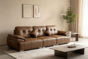 Sofá de cuero de 3 plazas con estructura de madera de lencero y patas de metal, acolchado y capitoné, color personalizado para sala de estar moderna, sofás para sala de estar - Product Image 3